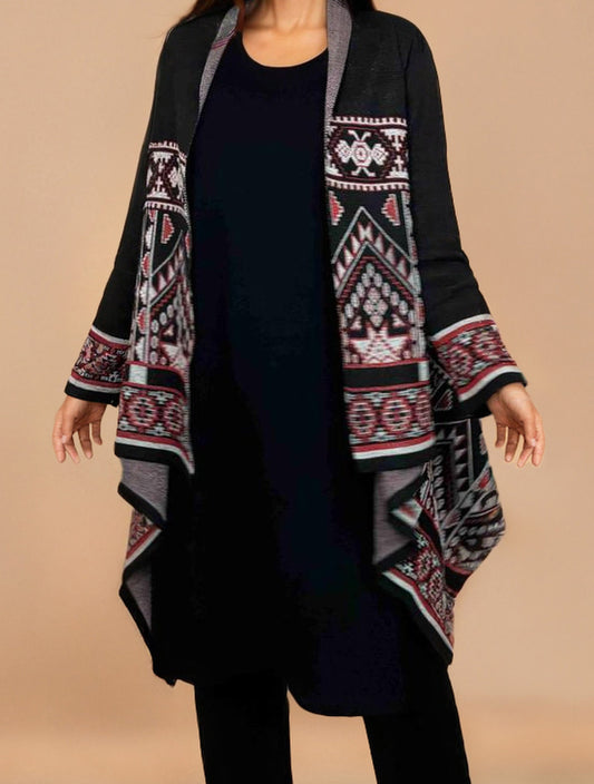 trueBrowns Black Woollen Geometric Kaftan Cape | Swadesiicart