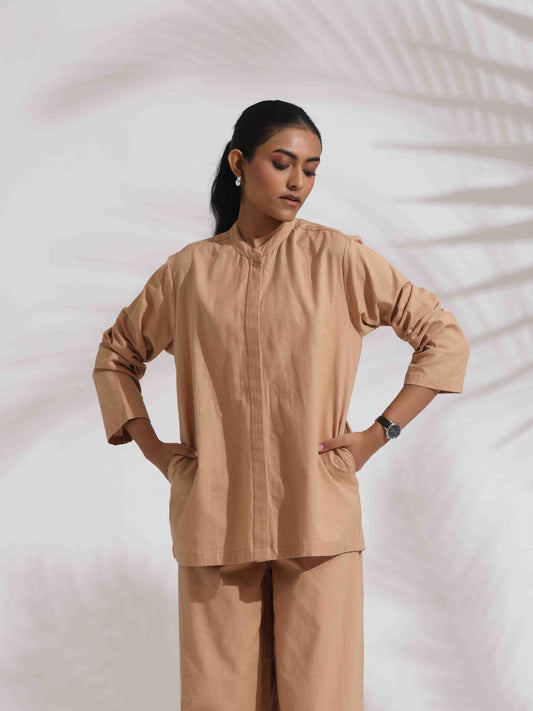 trueBrowns Beige Cotton Embroidered Shirt Top Co-ord Set - Swadesiicart