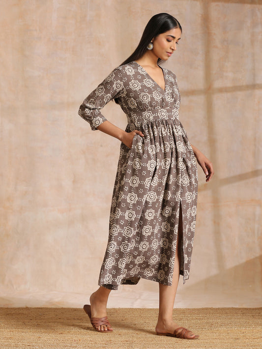 trueBrowns Clay Dabu Overall Print Cotton Wrap Dress | Swadesiicart