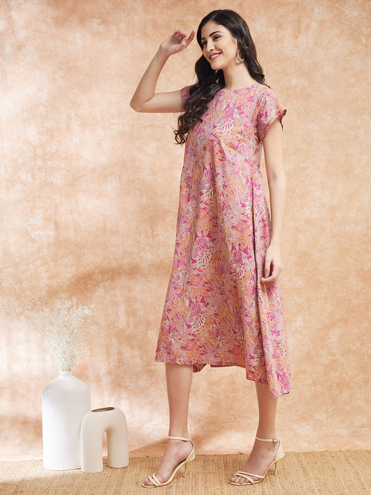 InWeave Women's Pink Coral Floral Print A Line Dress - Swadesiicart