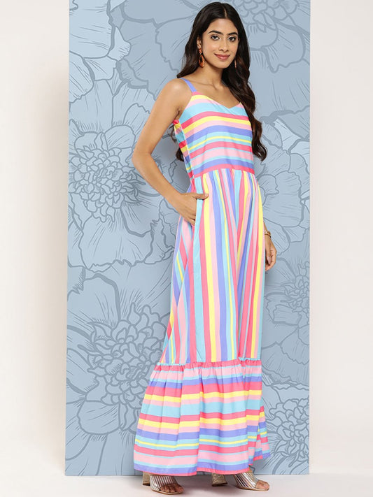 Ahalyaa Striped Crepe Maxi Ethnic Dress | Swadesiicart