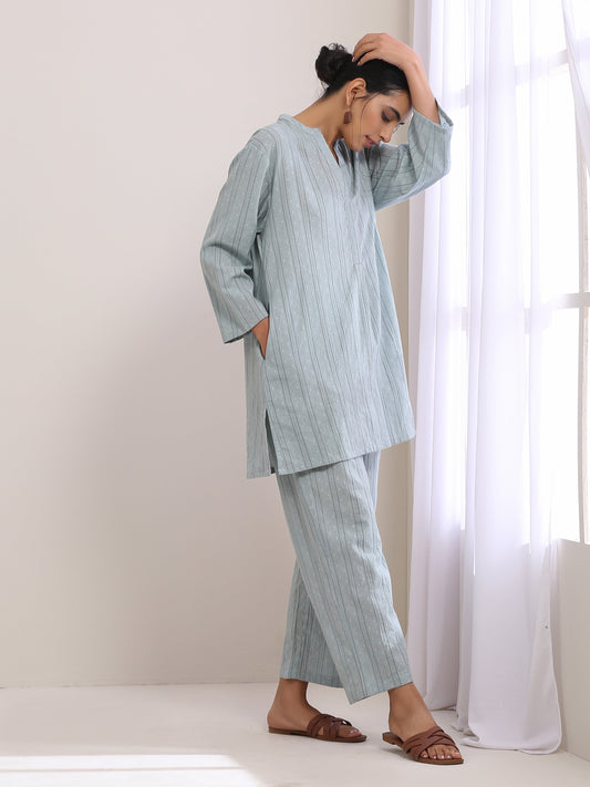 trueBrowns Eggshell Blue Dobby Relaxed Fit Co-Ord Set - Swadesiicart