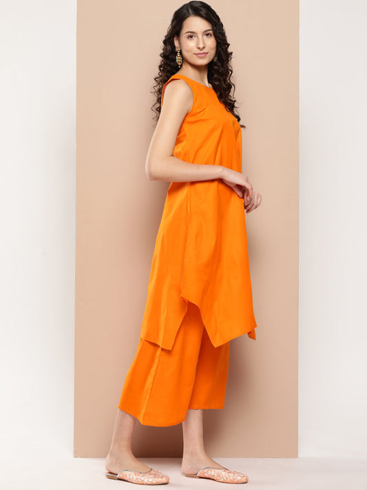 InWeave Women's Tangy Orange Short Pallazo Set W Green Or Dupatta - Swadesiicart