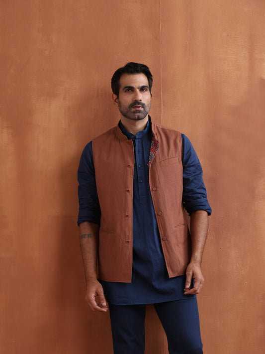trueBrowns Men's Rust Printed Reversible Nehru Jacket | Swadesiicart