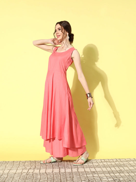 InWeave Women's Camelia Fusion Layer With Peach Sleeveless Kurta Set - Swadesiicart