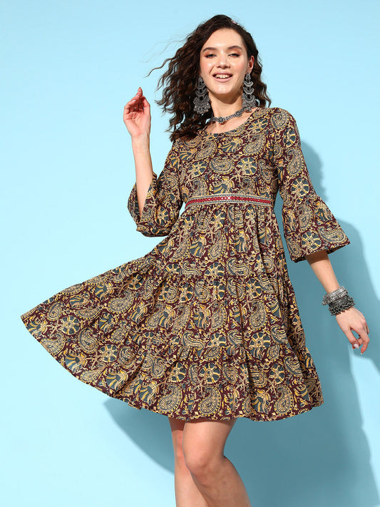 InWeave Women's Brown Kalamkari Print Short Dress - Swadesiicart