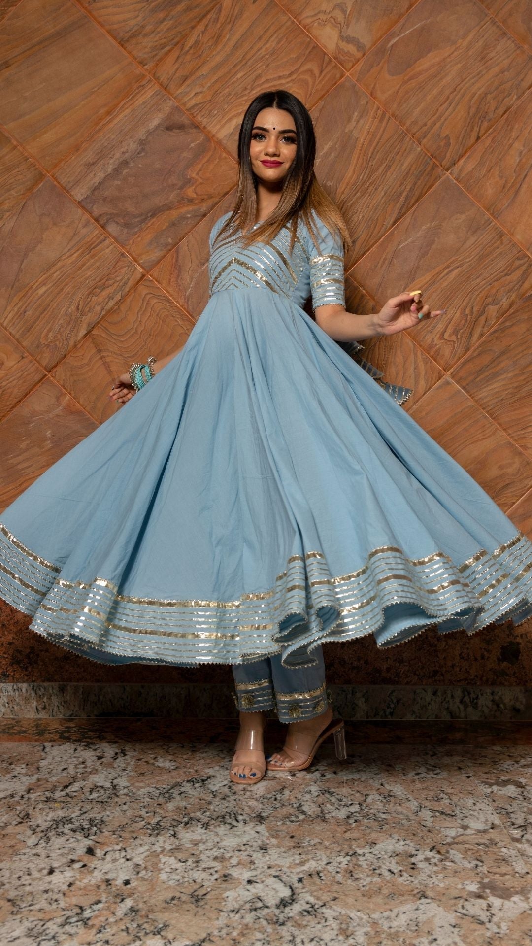 Pomcha Jaipur Powder Blue Pure Cotton Anarkali Set | Swadesiicart