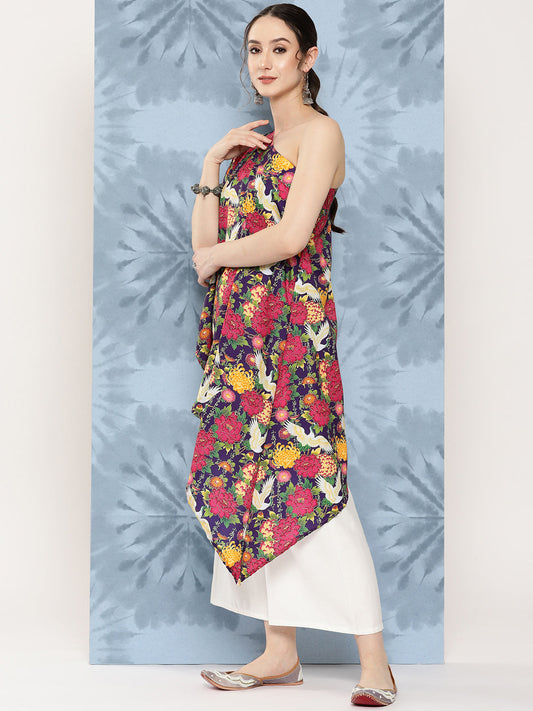 InWeave Women's Navy Bird Japanese Art Oneshoulder Top - Swadesiicart