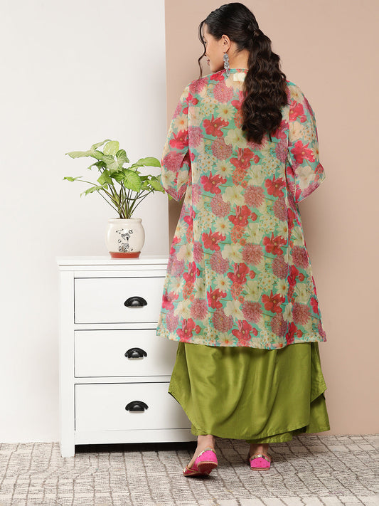 InWeave Women's Olive Green Strappy Set With Pink Green Floral Cape - Swadesiicart