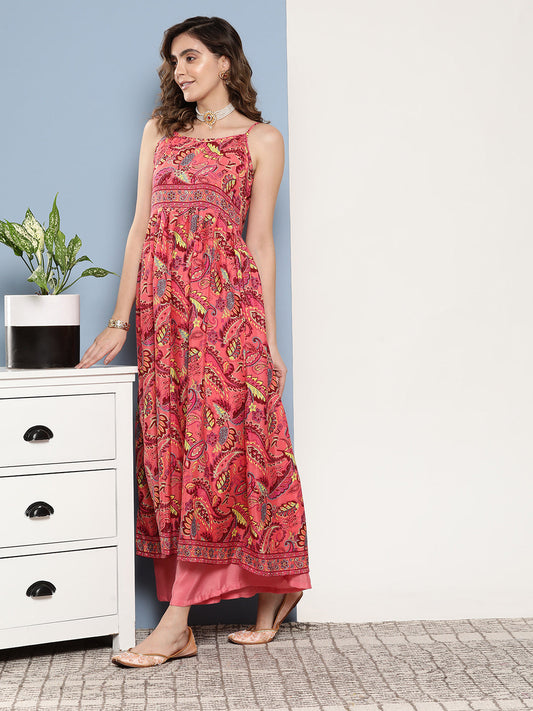 InWeave Women's Camelia Pastel Peach Print Strappy Kurta Set - Swadesiicart