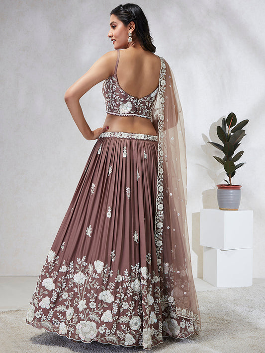 House of Panchhi Rose Gold Pure Georgette Sequins And Thread Embroidery Lehenga Choli & Dupatta