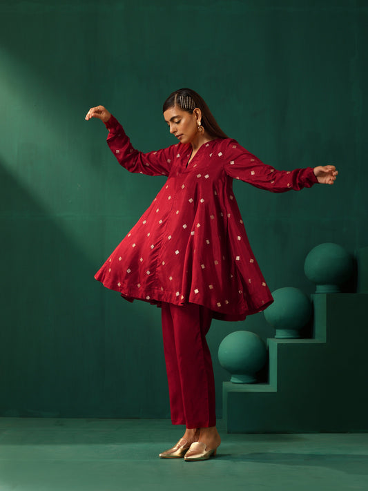 trueBrowns Maroon Diamond Viscose Silk Relaxed Co-ord Set - Swadesiicart