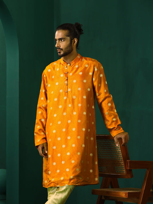 trueBrowns Men's Mustard Geometric Floral Viscose Silk Long Kurta | Swadesiicart