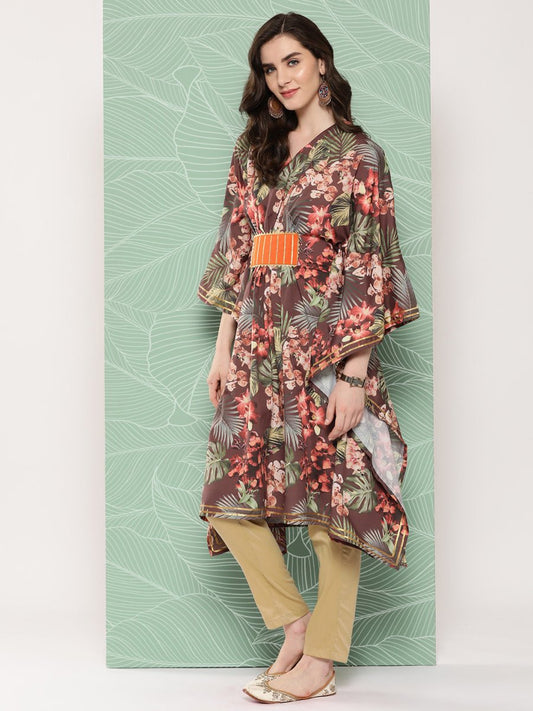 Ahalyaa Women Floral Printed Flared Sleeves Gotta Patti Crepe Kaftan Kurta | Swadesiicart