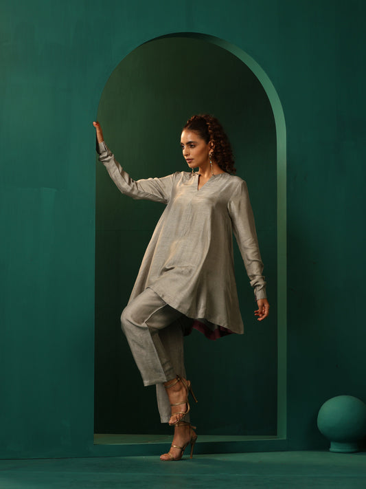trueBrowns Grey Silk Flared Co-ord Set - Swadesiicart
