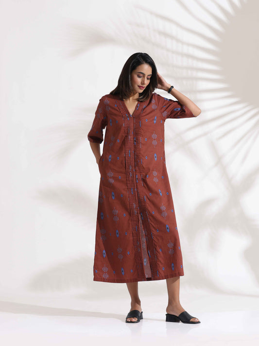 trueBrowns Brown Cotton Print pleated Dress | Swadesiicart