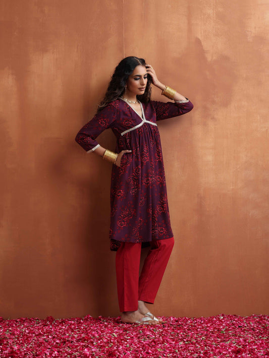 trueBrowns Purple Floral Print Anarkali Kurta Co-ord Set - Swadesiicart