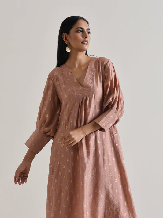 trueBrowns Beige Foil Puff Sleeve Kurta Set | Swadesiicart
