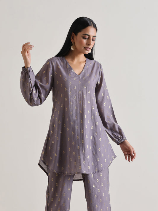 trueBrowns Plum Grey Foil Short Co-Ord Set - Swadesiicart