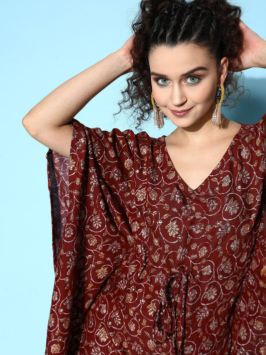 InWeave Women's Burgundy Jaal Print Kaftan Dress - Swadesiicart