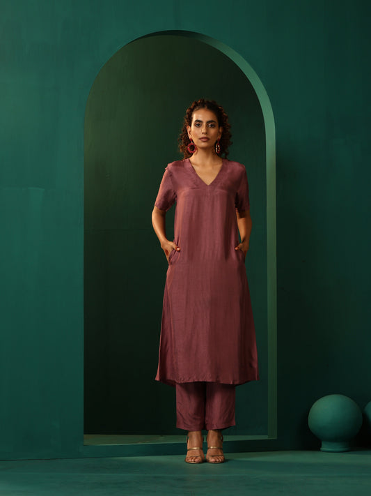 trueBrowns Maroon Light Mauve Silk Jacket Kurta Set | Swadesiicart