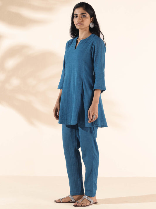 trueBrowns Blue Cotton Dobby Co-ord Set - Swadesiicart