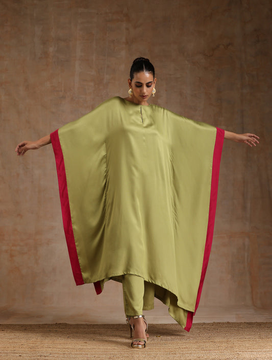 trueBrowns Light Green Modal Satin High-Low Kaftan Kurta Set | Swadesiicart