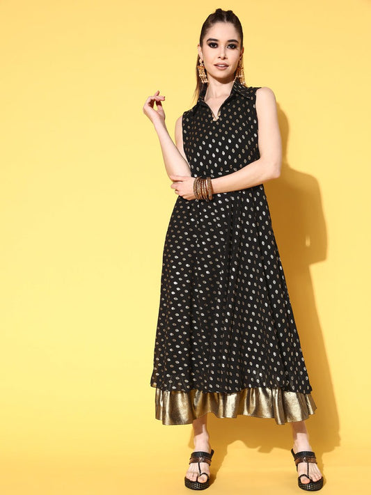 Ahalyaa Black Georgette Ethnic Motifs Printed Shirt-Collar Midi Fit & Flare Ethnic Dress | Swadesiicart