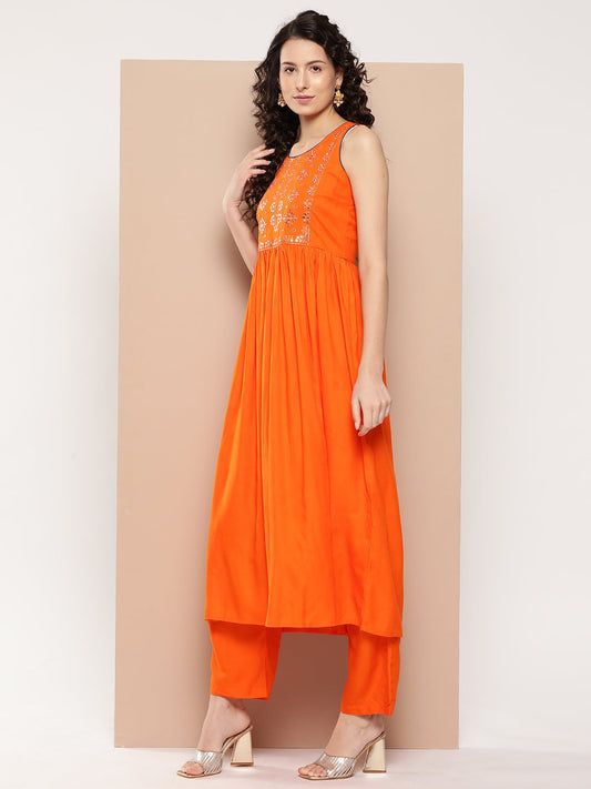 InWeave Women's Orange Mirror Work Aline Strappy Kurta Set Blue Fuchsia Or Dupatta - Swadesiicart