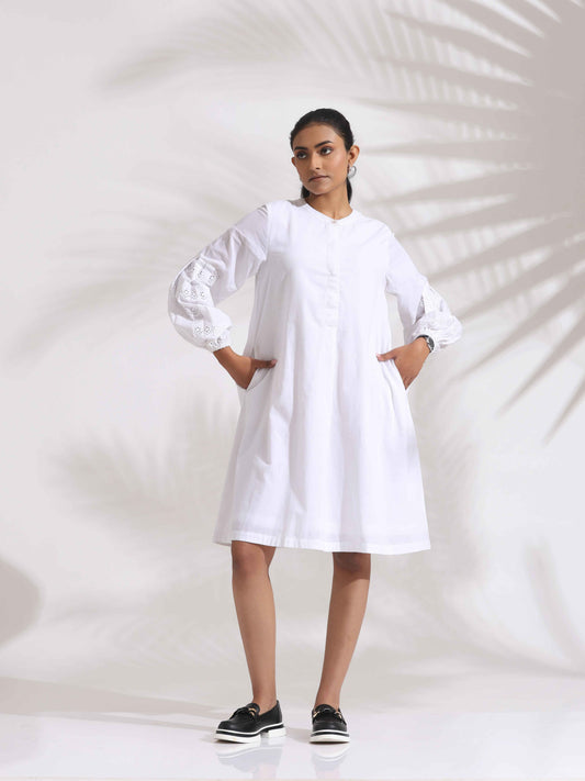 trueBrowns White Cotton Schiffli Short Dress | Swadesiicart