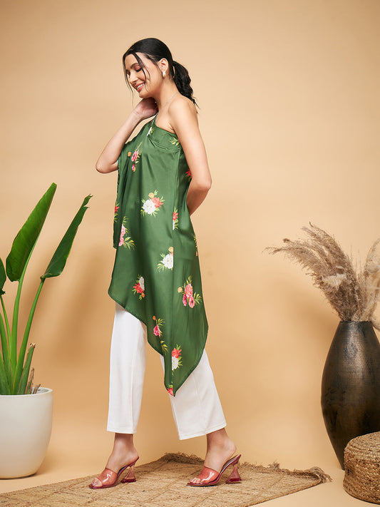 InWeave Women's Green Small Flower One Shoulder Kurta - Swadesiicart