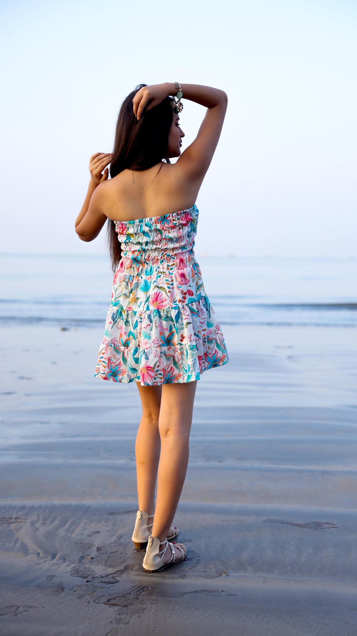 Noroke Linen Blue Floral Mini Tiered Dress - Printed