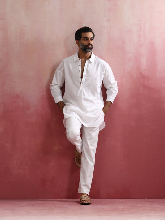 trueBrowns Men's White Cotton Shirt Collar Stylized Kurta Co-ord set - Swadesiicart