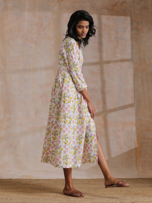 trueBrowns Pink Yellow Floral On White Block Print Cotton Wrap Dress | Relove | Swadesiicart
