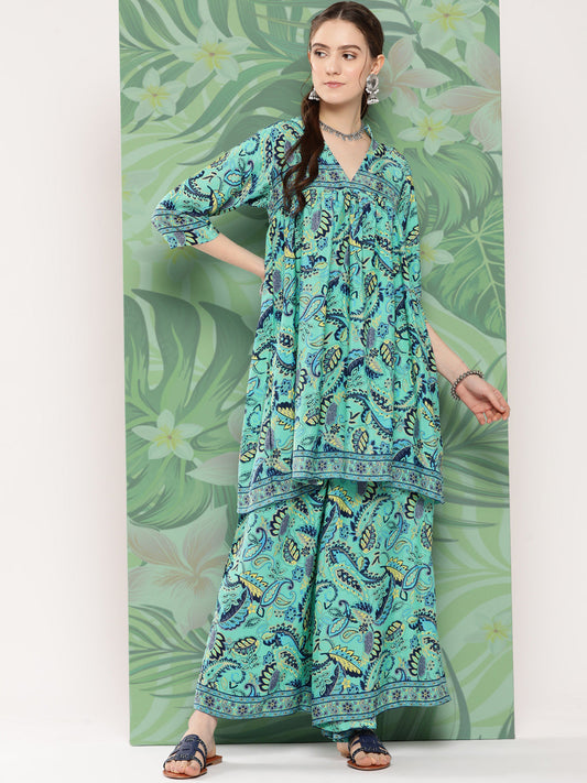 InWeave Women's Turquoise Blue Camelia Printed Ethnic Kurta Set - Swadesiicart