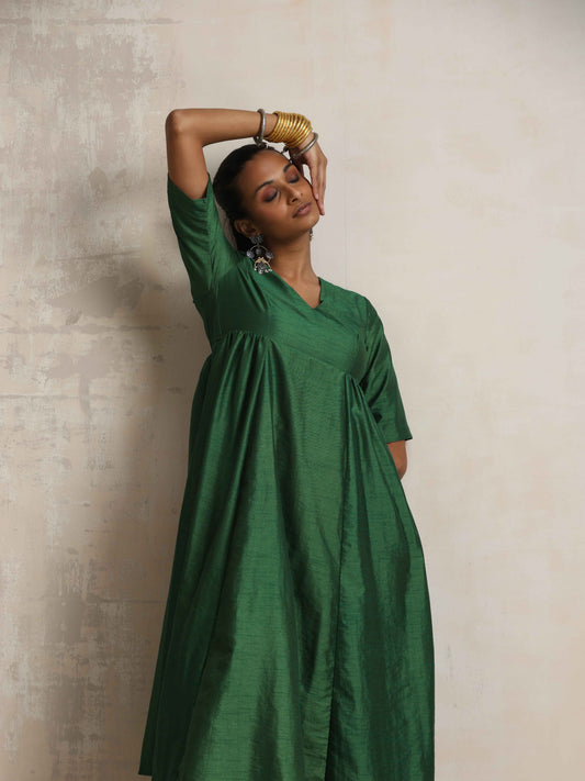trueBrowns Dark Green Silk Arkali Flared Kurta Set | Swadesiicart