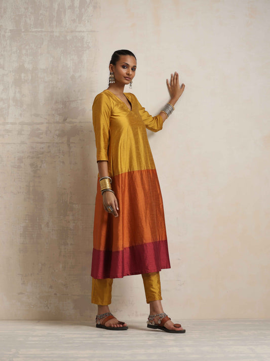 trueBrowns Gold Orange Silk A-line Kurta Set | Swadesiicart