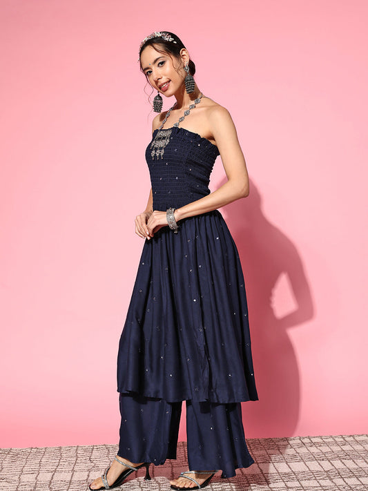 InWeave Women's Navy Blue Mirror Work Off Shoulder Kurta Set - Swadesiicart
