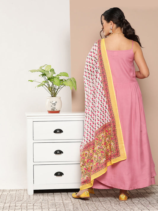 InWeave Women's Light Pink Ray Strappy Kurta Set With Printed Cotton Dupatta - Swadesiicart