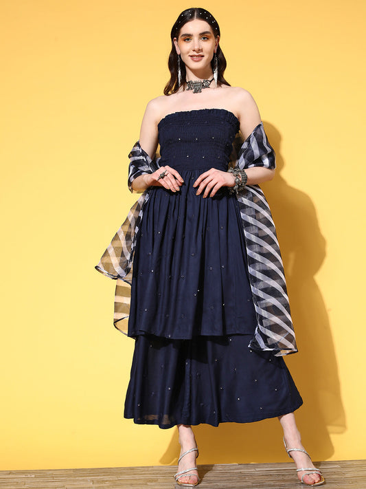 InWeave Women's Navy Mirror Work Off Shoulder Kurta Set With Dupatta - Swadesiicart