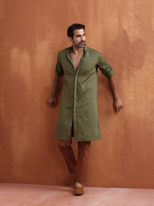 trueBrowns Men's Olive Green Cotton Front Open Kurta | Swadesiicart