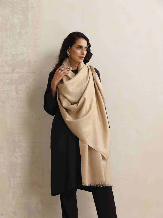 trueBrowns Beige Floral Jaal Woollen Stole | Swadesiicart