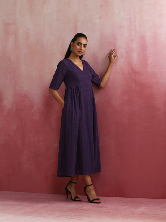 trueBrowns Purple Cotton Dobby Dress | Swadesiicart