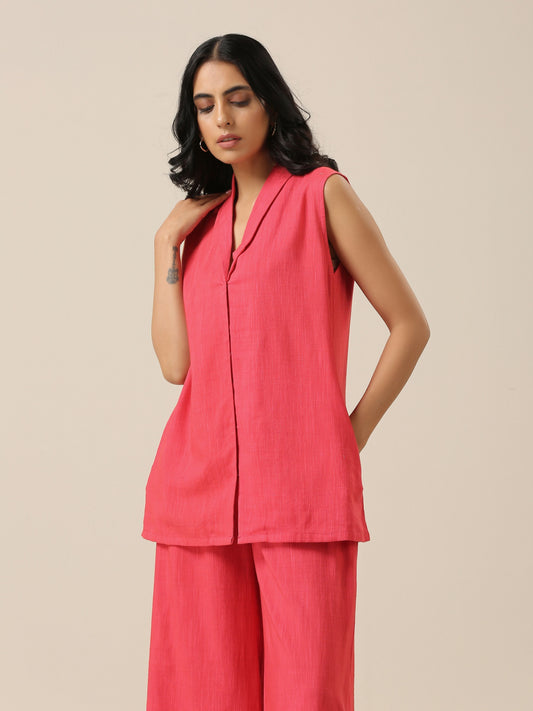 trueBrowns Bright Pink Slub Texture Sleevesless Jacket Pant Set | Swadesiicart