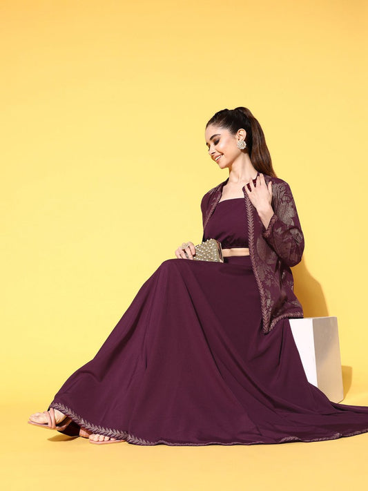Ahalyaa Women Burgundy Top With Skirt & With Jacket | Swadesiicart