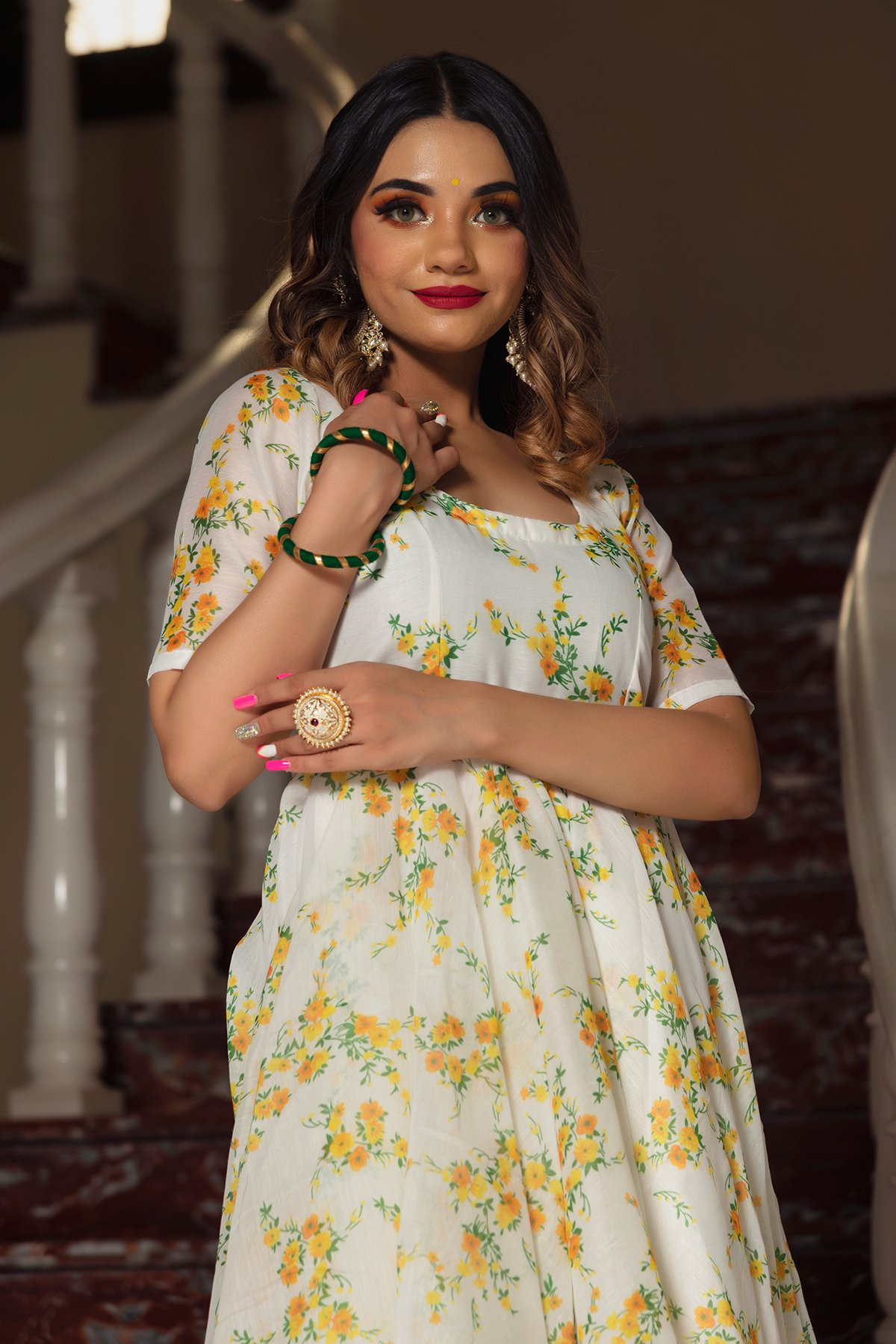 Pomcha Jaipur Yellow Phool Organza Anarkali Set | Swadesiicart