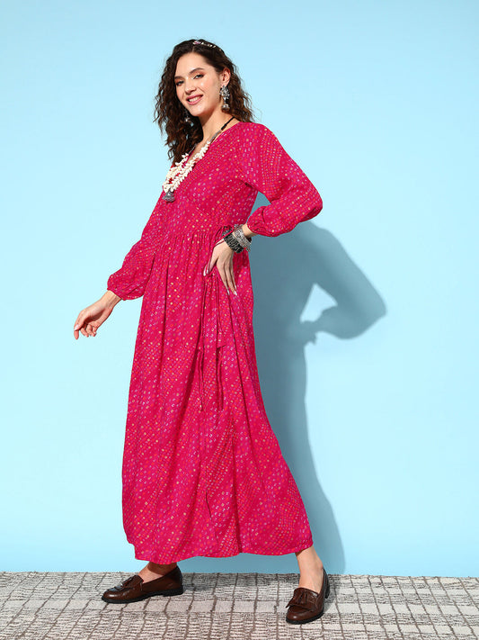 InWeave Women's Maroon Ethnic Print Wrapped Long Dress - Swadesiicart