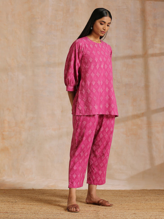 trueBrowns Pink Dabu Print Cotton Baggy Sleeve Co-Ord Set - Swadesiicart