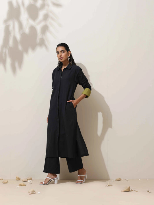 trueBrowns Black Cotton Linen Kurta Pant Set | Swadesiicart