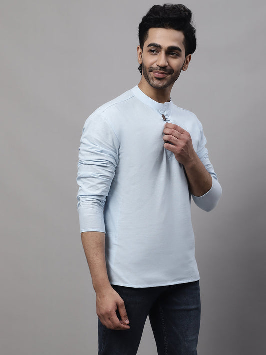 Even Apparels Blue Pure Cotton Kurta With Band Collar | Swadesiicart